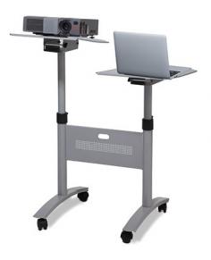VC DUO Projector and Laptop Stand
Two height adjustable mobile platforms for projector and laptop. Your business, presentations & lessons are simply too important to leave things to chance.

Two height and angle adjustable
Both platforms swivel
Strong?? silver-grey powder coated all metal construction
Locking castors and perforated steel centre piece for stability
Lip on each platform
Each platform : 430 x 380mm
Height adjusts from 810 – 1200mm
Base : 545 x 600mm
Each platforms maximum weight: 10kgs(most projectors weigh less than 3 kgs)
Duo -Twin pole AV/Laptop trolle