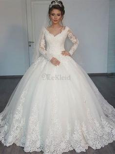 Normale Taille V-Ausschnitt Langärmeliges Duchesse-Linie Brautkleid aus Tüll