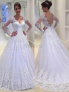 A-Line V-Ausschnitt Langärmeliges Prinzessin Brautkleid mit Gericht Schleppe