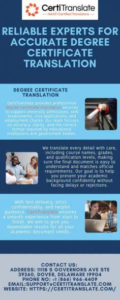 Accurate degree certificate translation is essential for study, visa, and job applications, and CertiTranslate ensures every detail is correctly presented. Our team provides clear wording, proper formatting, and fast turnaround to meet official standards. With secure handling and dependable support, we make your academic document submission smooth and stress-free.
Visit: https://certitranslate.com/naati-certified-translation/degree-certificate/
