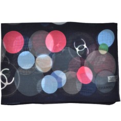 Chanel Silk Scarf Navy Blue Red Circles Dots  Discount Women Designer Scarves Outlet | Como Milano