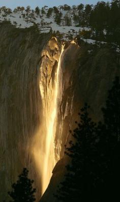 Every year for a few days in February, the angle of the sun lights up Horsetail Falls in Yosemite, as if it were on fire.