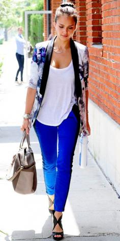 Floral Stylestalker blazer over an ATM by Anthony Thomas Melillo tank and tuxedo-stripe Current/Elliott skinnies and a Tod's bag.