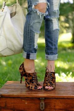 Womens suede leopard lace-up booties! Love the orange and black leopard print, stilettos heels, and open toe. Wear with blue jeans, dress, or skirt for fall winter spring 2013 - 2014 ♥ Get this look at @SPARKTREND for $30, click the image to see! #boots #shoes #womens #fashion #stilettos #heels