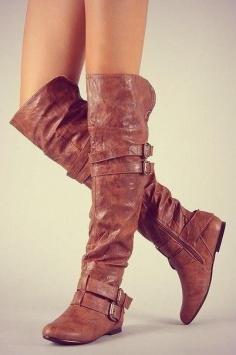 These brown leather over the knee high riding boots are adorable! I love the buckles and the slouch rugged look on the flat heel. Wear these with shorts, blue jeans, pants, skirt or dress in fall, winter, and spring 2013 - 2014 ♥ Get this look at @SPARKTREND for $40, click the image to see! #boots #shoes #fashion