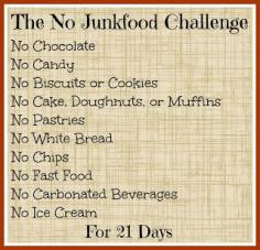 The No Junk Food Challenge.  Cut out junk food for just three weeks and you will lose weight and feel so much better!  A great thing to do before the holidays!