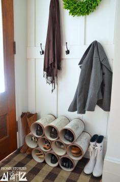 Shoe organizer made from PVC pipes. Tutorial on how to make them look like birch bark logs.