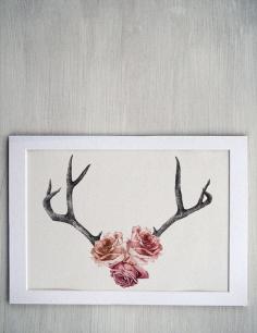 Floral Rose Antler Illustration  --  Contemporary Floral mounted art print