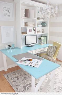 "Happiness is a room full of books & a closet full of shoes" <--- love this quote also, I love the colors and the desk.