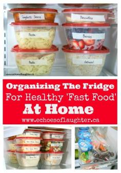 Organizing The Fridge for Healthy 'Fast Food' At Home. Awesome tips on organizing the fridge with healthy food to feed a busy family! Make meals fast with these tips!