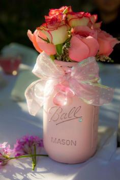shabby chic pink mason jar for girl baby shower - fill it with ideas/hints/advice/thoughts  for mom
