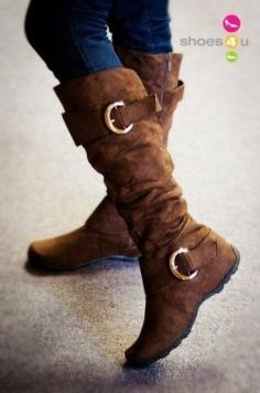 Cute womens brown/tan suede slouchy boots! Cute buckles and black sole flat heels on these tall mid-calf slouch boots.  Goes well with blue or black jeans, leggings, skirt or dress for fall, winter and spring 2013 - 2014 ♥ Get this look at @SPARKTREND for $25, click the image to see! #slouch #boots #shoes #womens #fashion