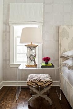 Grasscloth, headboard, bedside table