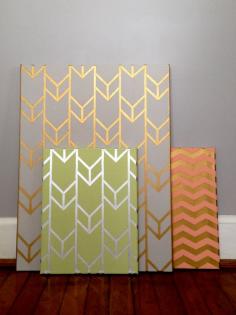 DIY Metallic-Designed Canvas 1. Spray paint selected canvas gold 2. Use painter's tape and create desired design 3. Once covered with design, spray paint in a different color 4. Carefully peel off the painter's tape and let dry