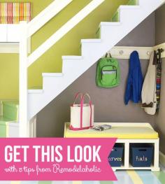 Get This Look - Small-Space Mudroom Under The Stairs via remodelaholic.com #stairs #storage #mudroom #bench