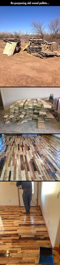 Reusing Old Woods Pallets     would this idea work when you start your living room shelves?  I think they work up into interesting colors that would blend with your flooring.