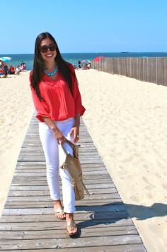 Coral top, white jeans, turquoise jewelry. (Premier Designs Resort necklace would go perfect!)