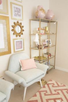 How cute are these gold shelves. such a great Ikea hack. Started with the Vittsjo units - 70 bucks