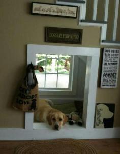 Indoors doggie house under the stairs! Love that this one even has a window!