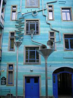 The Kunsthof Passage in Dresden include the 'Court of Water' – contraption made with metal tubes and funnels that make music when it rains.