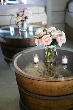 TABLES :: Home Depot has 18″ whiskey barrels for $30 and Bed Bath  Beyond has 20″ glass table toppers for $8.99. This is a great idea for DIY outdoor tables…for only $38.99 each! @ Home Improvement Ideas I like this for the patio.