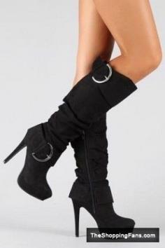 Cute black suede slouch tall boots with stiletto heels, buckles, zipper, and platform. The goes well with a skirt, dress, blue jeans or pants for fall, winter, and spring 2013 - 2014 ♥ Get this look at @SPARKTREND for $32, click the image to see! #boots #shoes #womens #fashion #stilettos #heels