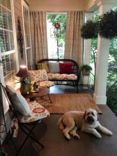 Front porch, stained concrete, outdoor furniture, outdoor curtains