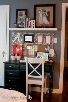 Organized desk area- Cute for small spaces. Also, perfect motivation for me to paint my desk (which looks a lot like this one but it's an ugly color).