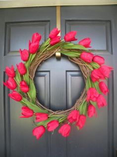 Use silk tulips for spring wreath.