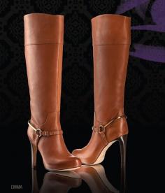 Cute stilettos heels on these brown tan leather knee-high boots! Love the buckle and gold strap. Wear with a skirt or dress or even skinnies in the fall, winter and spring 2013 - 2014 ♥ Get this look at @SPARKTREND for $40, click the image to see! #boots #shoes #womens #fashion #stilettos #heels