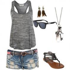 Miss Selfridge Spacedye Crop Tank in grey; Republic Soul Cal Belted denim hotpants; strappy gladiator sandals; Oakley Frogskins