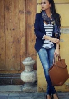 Navy blazer, white lined shirt, scarf, jeans and brown hand bag combination for fall