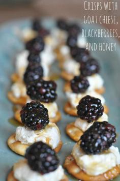 Crisps with goat cheese, blackberries, and honey.  The perfect hors d'oeuvres for any get together.