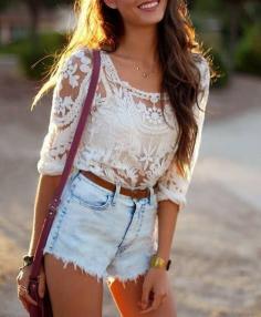 lace top and high waisted shorts. Love it !