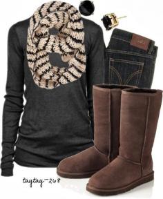 Hand woven scarf, black sweater, jeans and warm boots fashion for fall