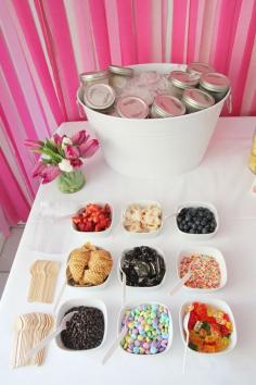 scoop ice cream into mason jars and keep the mason jars on ice until it's time for guests to create their sundaes.