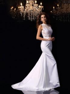 Trumpet/Mermaid High Neck Sleeveless Satin Applique Chapel Train Wedding Dresses