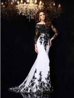 Sheath Long Sleeves Scoop Lace Chiffon Court Train Dresses