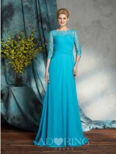 A-Line Bateau 3/4 Sleeves Applique Chiffon Floor-Length Mother of the Bride Dresses