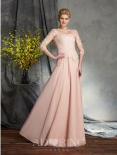 A-Line Scoop 3/4 Sleeves Applique Chiffon Floor-Length Mother of the Bride Dresses