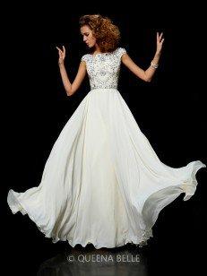 Ball Gown Chiffon High Neck Short Sleeves Beading Floor-Length Dresses