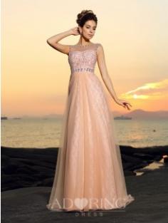 A-Line Bateau Floor-length Sleeveless Lace Chiffon Dresses