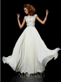 Ball Gown Chiffon High Neck Short Sleeves Beading Floor-Length Formal Dress