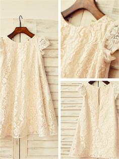 Champagne Lace Scoop A-line/Princess Tea-Length Flower Girl Dresses