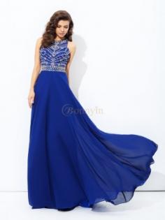 Royal Blue Chiffon Scoop A-line/Princess Floor-length Prom Dresses