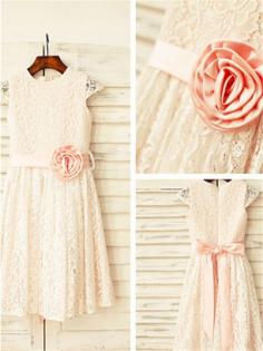 Pearl Pink Lace Scoop A-line/Princess Floor-Length Flower Girl Dresses