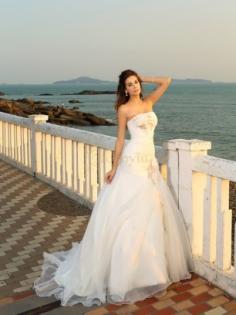 Ivory Satin Strapless Ball Gown Chapel Train Wedding Dresses