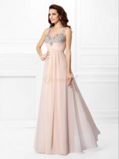 Pink Chiffon Straps A-Line/Princess Floor-Length Prom Dresses