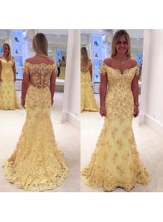 $169 Off The Shoulder Lace Appliques Prom Dresses Yellow Sheer Back Evening Gown