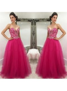 $179 Sweetheart Hot Pink 2018 Prom Dresses Sexy Sleeveless Tulle Beads Sequins Fuchsia Evening Gown